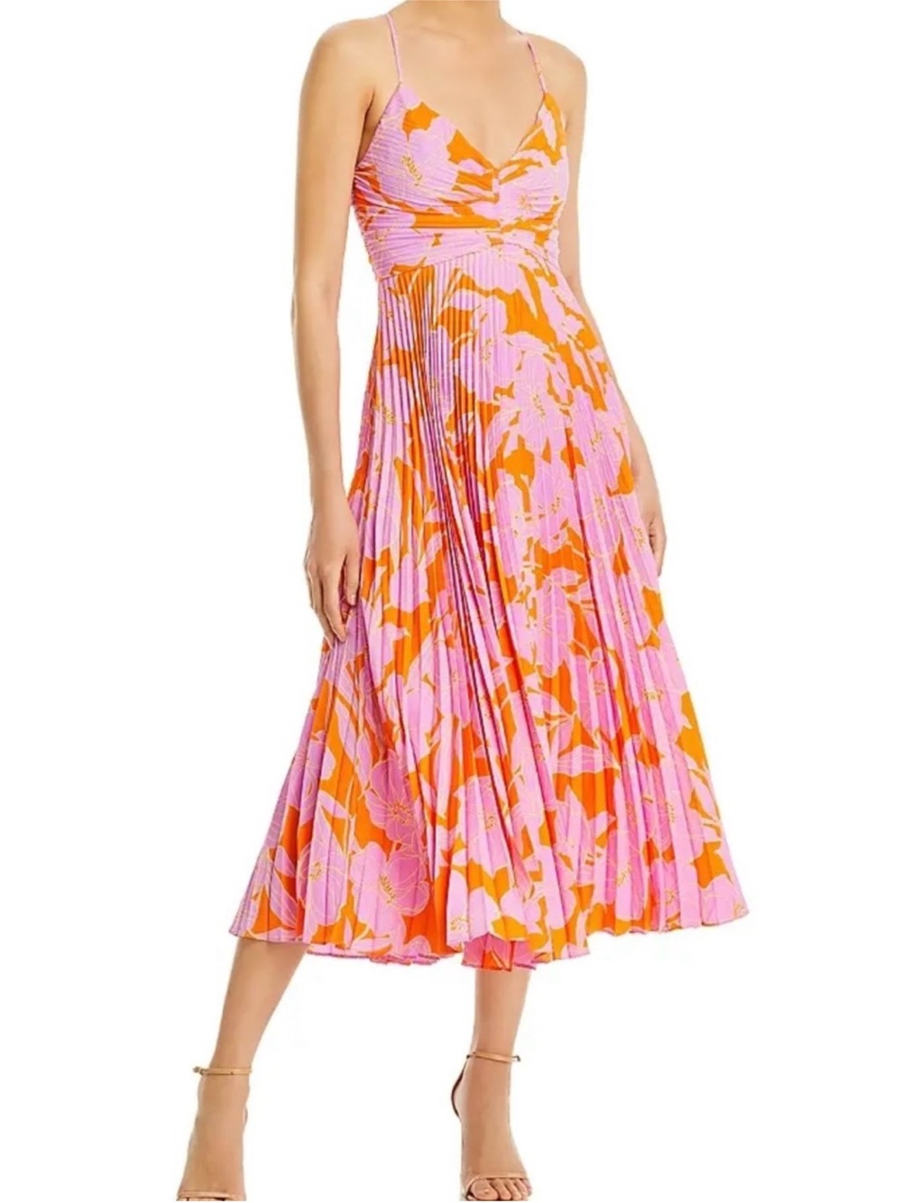 ASTR Pink & Orange Floral Pleated Spaghetti-Strap Midi Dress